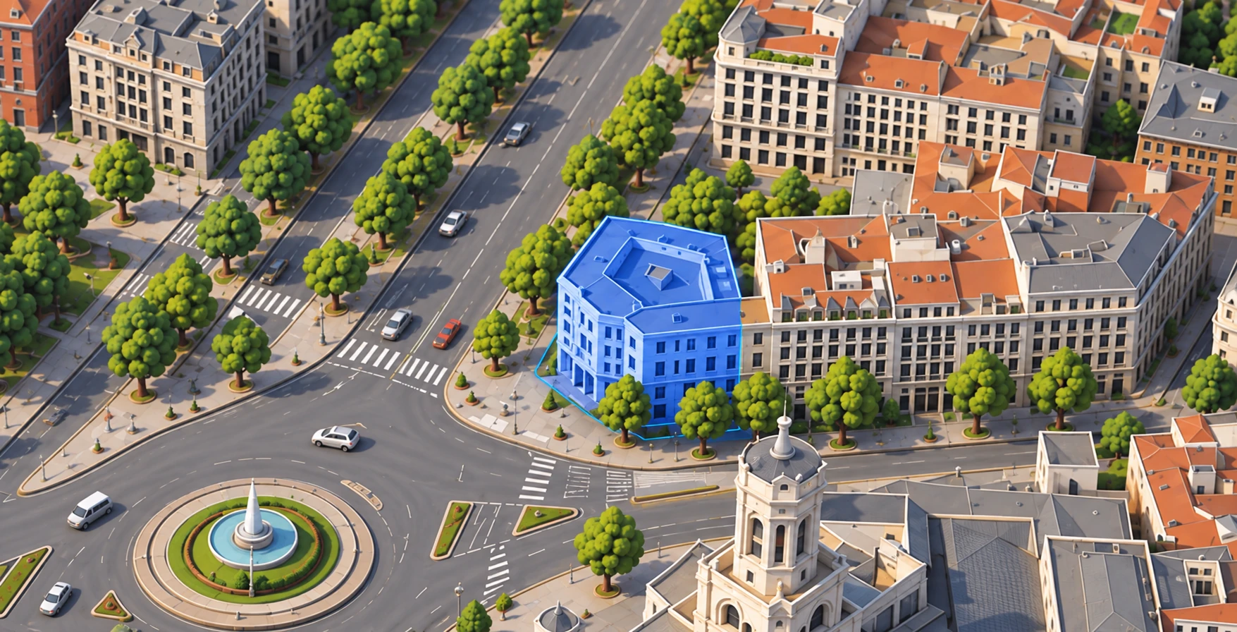 Stylized 3D Madrid city map centered on one blue corner building beside a fountain roundabout, with natural stone facades and terracotta roofs around it.